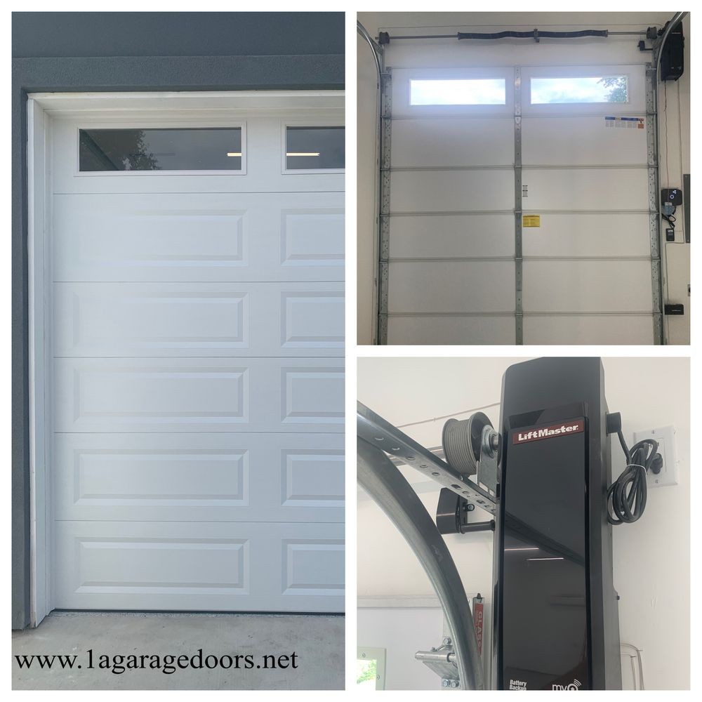 Wall-mounted garage door opener beside a sectional door