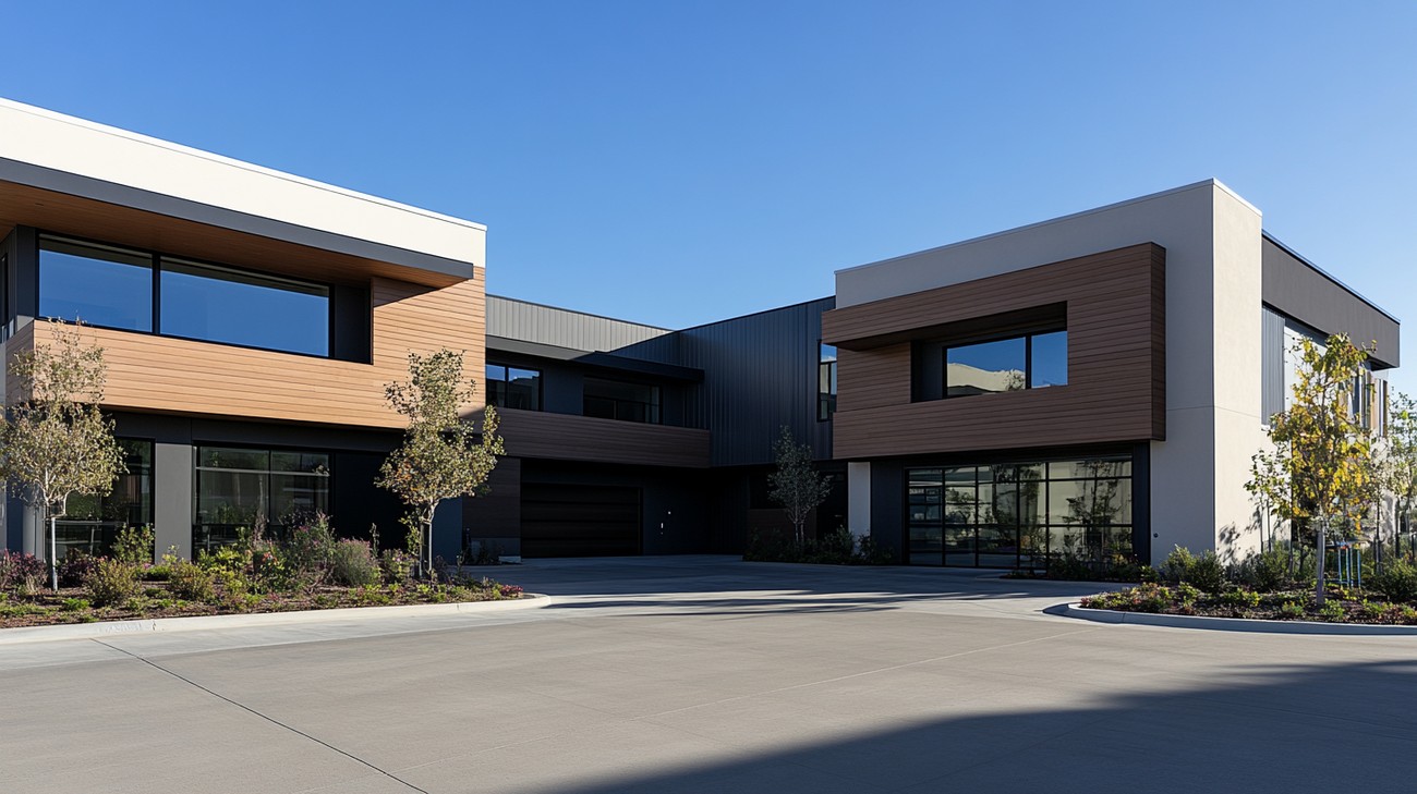 Contemporary building with dark garage doors and a paved driveway